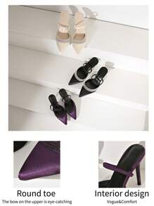 2025 Spring/Autumn New Pointed Toe Purple Stiletto High Heel Satin Crystal Embellished Strap Mule Sandals For Women