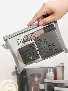 Mesh Cosmetic Bag With Data Cable And Charger Letter Pattern, Red Bubble Pouch, Makeup Bag, Skincare Bag, Travel Essential, Dorm Supplies, Bridal Gift, Women's Gift, Birthday Gift, Gift For Friends And Teachers, Bathroom Storage, Jewelry Storage, Lip Gloss And Cosmetics Organizer, Boho Style, Suitable For Vacation, Beach, Bathroom Series, Bedroom Series, Father's Day Gift - Multicolor - View 5