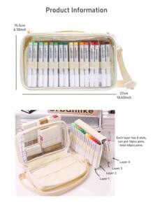 1pc Marker Pens Storage Bag Pencil Case Transparent Front Multi Slots Easy Carry-On Handle, Large Capacity For 64 Brush Marker Pens, School Student Art Supplies