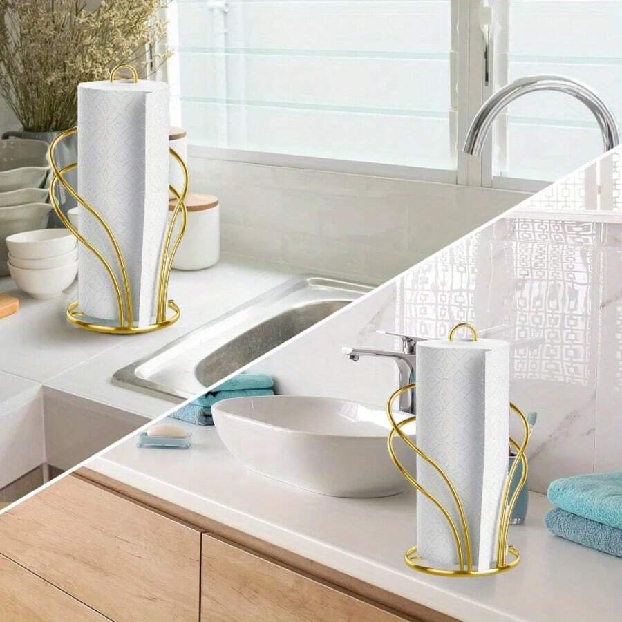 Countertop Paper Towel Holder, Plastic Standing Roll Holder With Weighted Base For Kitchen And Bathroom - Gold - View 1