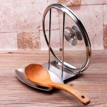 1pc Stainless Steel Pot Lid Organizer - No Drill Countertop Stand Utensil Hooks & Removable Drip Tray