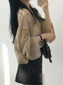 女士休闲百搭渐变透视长袖套头毛衣 - Butter Yellow - 查看 3