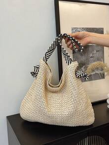 1 件女士新款草编包，时尚百搭大容量手提包，适合海滩、海边、夏季、通勤、编织包、度假、复古、简约、休闲 - 米色 - 查看 2