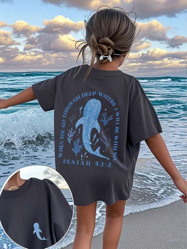 1pc Tween Girls Dolphin & Tropical Print Dark Grey Short Sleeve T-Shirt, Student Young Casual Summer Top, Comfortable & Fashionable