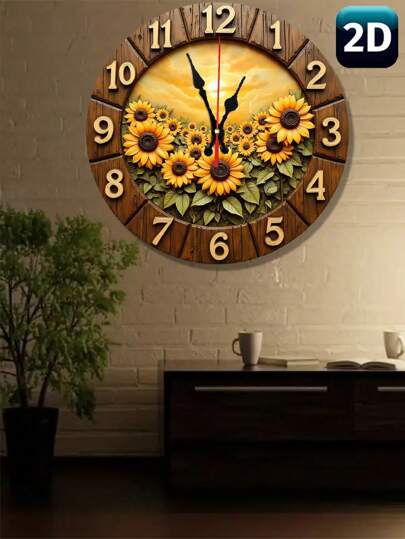 2D Flat Retro Sunflower Wooden Wand Klok Silent Quartz Movement, Vibrant Bloemen ,Wood Round Living Room, Kitchen, Dorm (AA Battery Not Included), Room Movement Home