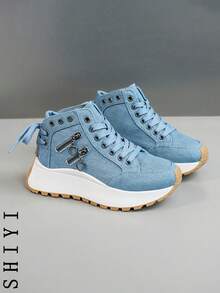 [Série à semelle épaisse et haute] Nouvelles baskets blanches décontractées pour femmes, printemps 2025. Chaussures à semelle épaisse, chaussures de sport confortables, augmentation de la hauteur de 6 cm, convient aux femmes de petite taille, style sport - Bleu azur - Voir 5