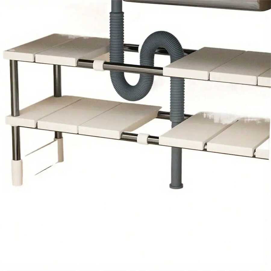 1pc Adjustable Stainless Steel Under Sink Storage Organizer Rack - Single/Double Tier Cabinet Organizer, Solid Metal And Plastic Design With Flexible Tubing For Space-Saving Kitchen Storage And Organization