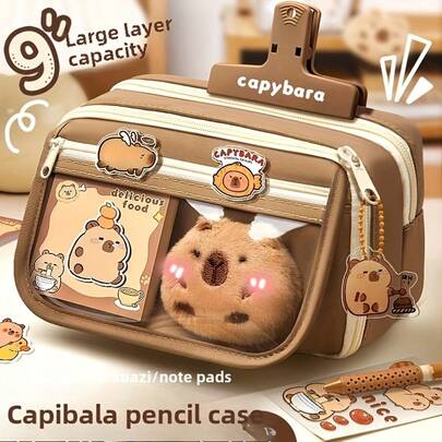 6pcs/8pcs Capybara Pencil Case Set, Cute Cartoon Water Rat Stationery Box, Portable Multi-Layer Storage Bag For Students, Includes: 1pc Pencil Case, 20pcs Water Rat Stickers, 2pcs Clips, 1pc Memo Pad, 1pc Pendant, 1pc Figurine, Suitable For Home, School, Student Supplies, School Gifts, Back To School Season, Best Gift For Friends,Pencil Pouch,School Bag