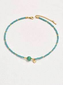 1pc Handmade Crystal & Pearl Decor Choker Necklace (Note: As Pearl Is A Natural Material, The Size Color And Shape May Vary) - Teal Blue - View 11