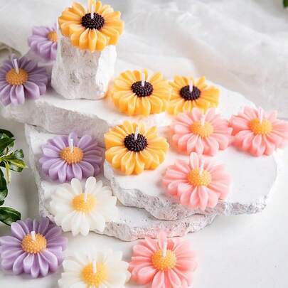 手工洋甘菊花蜡烛，适用于婚礼、节日、生日派对、女士礼物、卧室浪漫装饰、香氛家居香薰，有黄色、白色、紫色、粉色可选