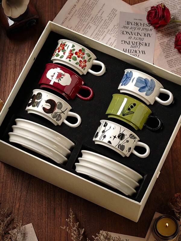 DearDali Juego vintage de taza y platillo de cerámica pintada a mano, tazas con patrones florales creativos para café, latte, capuchino, moca, chocolate caliente, ideal para taza de agua de oficina, regalo para amantes del café, regalo de inauguración de vivienda o boda (1 set, 250ML)