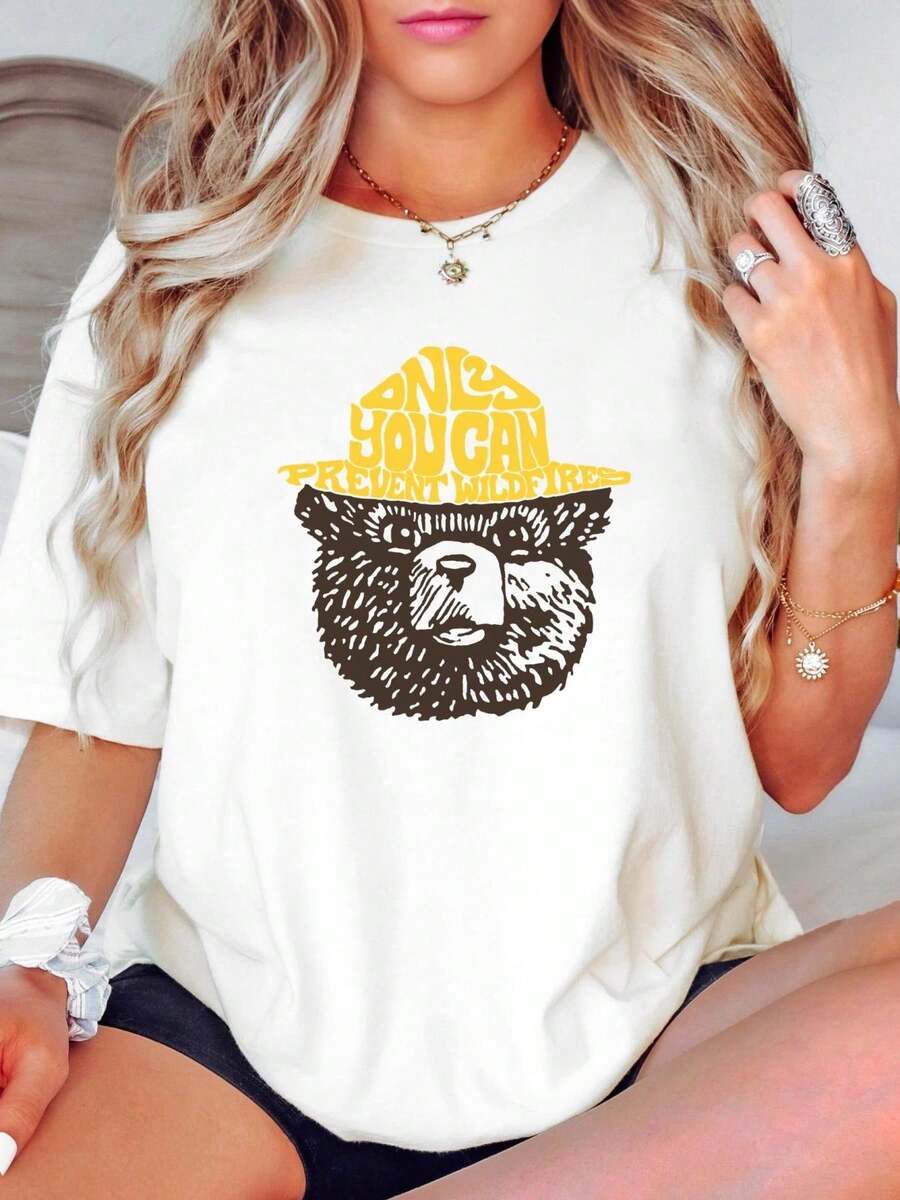 180g Pure Cotton NEW National Park Service Smokey Bear "Only You Can Prevent Wildfires" T-Shirt Unisex Breathable Summer Homme Casual Fashion Top For Everyday Wear Graphic Versatile Designer Clothes For Women Comfortable Print Round Neck Short Sleeve Stylish Streetwear Soft Stretched Slightly - White - View 1