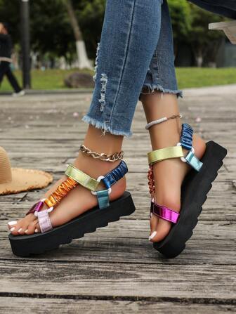 Fashion Colorful Patchwork Adjustable Beach Sandals With Thick Sole, Lightweight And Non-Fatiguing For Long Time Wear, Suitable For Beach Holiday
