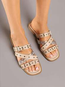Buckle And Rivet Decorated Flip-Flops - Khaki - View 1