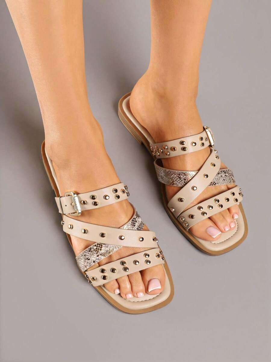Buckle And Rivet Decorated Flip-Flops - Khaki - View 1