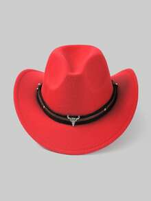 1 Pc Unisex Solid Cowboy Hat With Bull Head Emblem, Suitable For Everyday Use - White - View 8