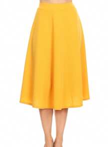 Solid Basic Casual Elastic Waist A-Line Flared Midi Skirt (S-3XL)  Plain  Elegant  Casual  Polyester        Office  Daily - 芥末黃 - 查看 1