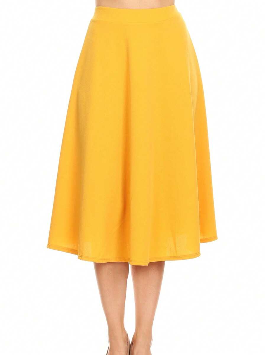Solid Basic Casual Elastic Waist A-Line Flared Midi Skirt (S-3XL) Plain Elegant Casual Polyester Office Daily - 芥末黃 - 查看 1