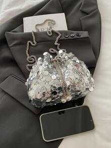 Women's Shiny Fashionable Street Style Drawstring Bucket Bag With Chain Shoulder Strap - Silver - View 7