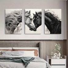 3 peças/Conjunto Pintura em Tela Emoldurada, Conjunto de Arte de Parede em Tela Cavalo Galopante Preto e Branco - Pintura de Cabeça de Cavalo Elegante - Decoração de Arte com Padrão Animal para Sala de Estar, Quarto, Escritório, Presente Perfeito para Amigos e Família, À Prova d'Água - Multicolorido - Visão 5