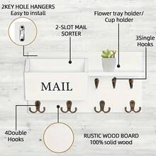 CIFEROWS 1 pièce Porte-clés et organiseur de courrier mural en bois noir rustique - Porte-clés de rangement multifonction avec 4 doubles crochets pour les clés, les sacs, etc. - Installation facile sans assemblage, parfait pour l'entrée, le couloir, la décoration du salon - Multicolore - Voir 3