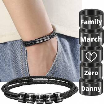 Bracelet personnalisé pour homme avec nom de famille, bracelet magnétique  noir sur 3 couches, 20 cm/22 cm, couleurs or/argent, perles en acier inoxydable personnalisées, gravé au laser avec le nom de famille, la date, cadeau d'anniversaire, cadeau de Noël, cadeau pour la fête des pères