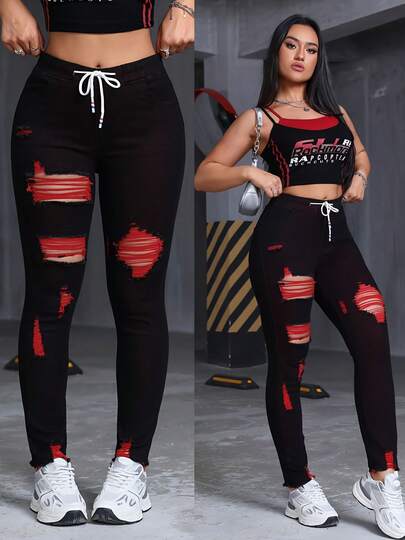 Women's Mid Waist Black Stretch Slim Jeans, Drawstring Elastic Waist, Black Bottom, Red Yarn, Ripped Hem, Hairy Edges, Personality, Sexy, Y2k Style Denim Pants, Suitable For All Occasions All Year Round