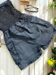 Jumper de Mezclilla Strapless con Bolsillos Cargo y Botones Dorados. - Gris - Ver 8