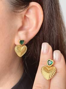 1 Pair Retro Heart-Shaped Golden Seashell Design Earrings, 925 Sterling Silver Plated 18K Gold With Green Zirconia, Cute Delicate Fashion Earrings, Elegant Quality Jewelry For Women, Suitable For Daily, Vacation, Beach, Party Wear