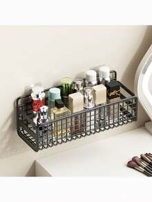1pc Iron Storage Rack With Hook, Multifunctional Black No Perforation Wall Mounted Corner Storage Rack For Bathroom
