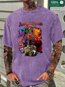Camiseta de algodón sólido holgada con estampado de música Hatchetman ICP para hombres, ropa urbana vintage, camisetas básicas, tops holgados de hip hop unisex, camiseta desteñida - Morado - Ver 2
