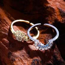 1 set/2 piezas Anillo abierto ajustable de moda para parejas, de estilo elegante y lujoso, con forma de sol dorado y luna plateada incrustada en cobre con circonita sintética, adecuado para parejas, boda y uso diario