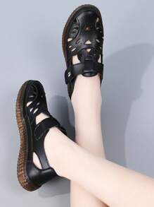 Damen Outdoor Lässig Sandalen aus PU-Leder, Einfarbig, Retro-Stil, sportlich, verstellbarer Klettverschluss, geeignet für Frühling & Sommer