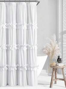 优雅的白色荷叶边流苏浴帘 - 72 英寸宽 X 72 英寸高，纯涤纶，可机洗，艺术拼布设计，带孔眼，易于安装，浴室浴帘套装，浴室浴帘，圣诞节/万圣节礼物装饰家居浴室装饰秋季装饰浴室配件返校