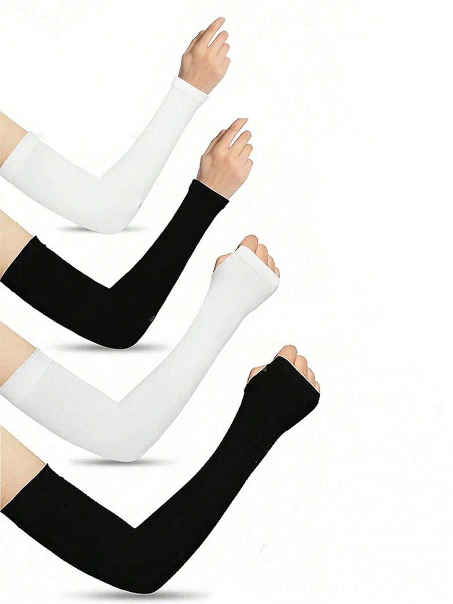 4 Pairs Women's Black & White Straight And Fingerless Fabric Arm Sleeves, Sun Protection - Black and White - View 1
