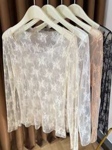 Damen Spitzen-Tank Top mit Rundhalsausschnitt, modische Layering-Bluse aus transparentem Netzmaterial, geeignet für Herbst/Winter