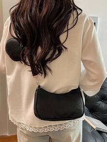 1pc Lychee Texture Black PU Leather Stylish Casual Personalized Crossbody Shoulder Bag With Black Wallet, Suitable For Office, Shopping, Vacation, Commute, Holiday Gift - Black - View 5