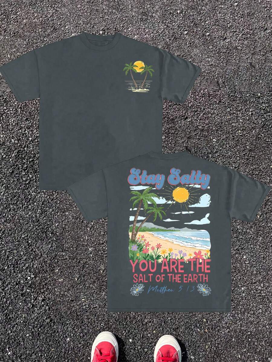 (220g Pure Cotton T-Shirt) Men's Summer Round Neck Short Sleeved Casual Pure Cotton Print YOU ARE THE SALT OF THE EARTH - Grey - View 1