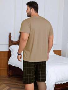 2pcs/Set Plus Size Men's Casual Loose Simple Pocket Round Neck Short Sleeve Plaid Shorts Pajama Set, Suitable For Spring & Summer