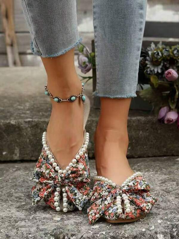 Women's Printed Slippers, Casual Bow-Knot Decor Slippers, Faux Pearl Embellished Beach Sandals, House Shoes, Suitable For Outdoor Fashion, Wedding, Work, School, Dorm, Vacation, Travel, Beach