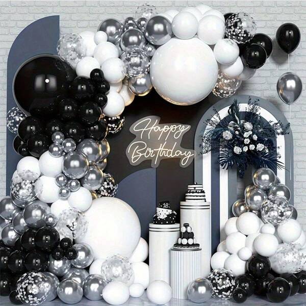 100pcs/Set Silver, White & Black Balloon Arch & Garland Kit, Wedding, Birthday Party, Anniversary, Graduation, Festival, Celebration Decor, Indoor/Outdoor, Home, Room Decoration Supplies