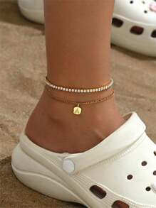 2 Pcs/Set 18K Gold Plated Square Zirconia 26 Letter Charm Anklet Set, Elegant & Fashion Jewelry Gift For Family & Friends, Suitable For Summer Beach Trip