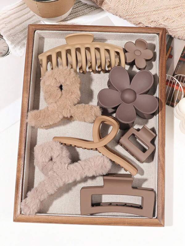 8pcs Minimalist Brown Tone Flower, Bone Decor Hair Clip Set, Everyday Versatile Hairstyle Accessories For Autumn/Winter Hair Claws Claw Clips Hair Clips Hair Jaw Clip Hair Clamps Hair Clutch Hair Catcher Clip
