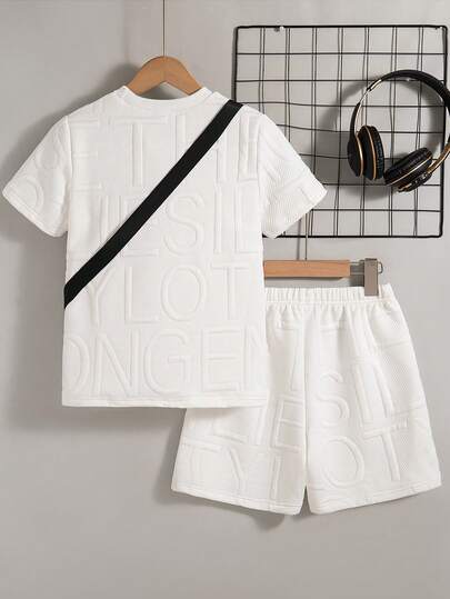 2pcs Toddler Boys' Casual Solid Color Pattern Short Sleeve T-Shirt And Shorts Set With Pouch, Summer