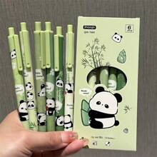 6 Stücke Set Panda & Bambus süße & stilvolle Kugelschreiber mit Druckknopf, minimalistisches Design, langanhaltend, geeignet für Mädchen, mit schwarzer Tinte