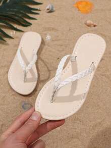 1 双幼儿/婴儿米色编织平底凉鞋，柔软 PU 皮革鞋面，简约设计，防滑 TPR 鞋底，圆头人字拖，适合女婴和男婴，休闲、沙滩、度假、派对，2025 年新品 - 米色 - 查看 2