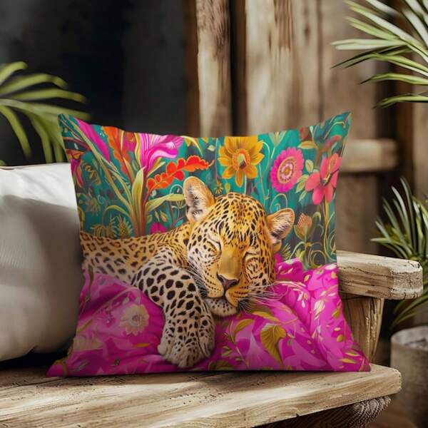 1PC,Jungle - Leopard Theme, Vivid Cushion Covers With Tropical Floral Elements. All - Seasons Suitable, (Pillow Inserts Not Included).