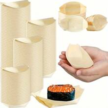 50/100 piezas de bandejas de barco de madera desechables, mini barcos de comida, bandejas de hoja de plato frío para sushi, bolas de tentáculo japonés, alas de pollo frito, tazones de madera para donas, cajas para llevar sashimi, platos para tartas de cumpleaños, adecuado para catering/uso familiar/camping/fiestas