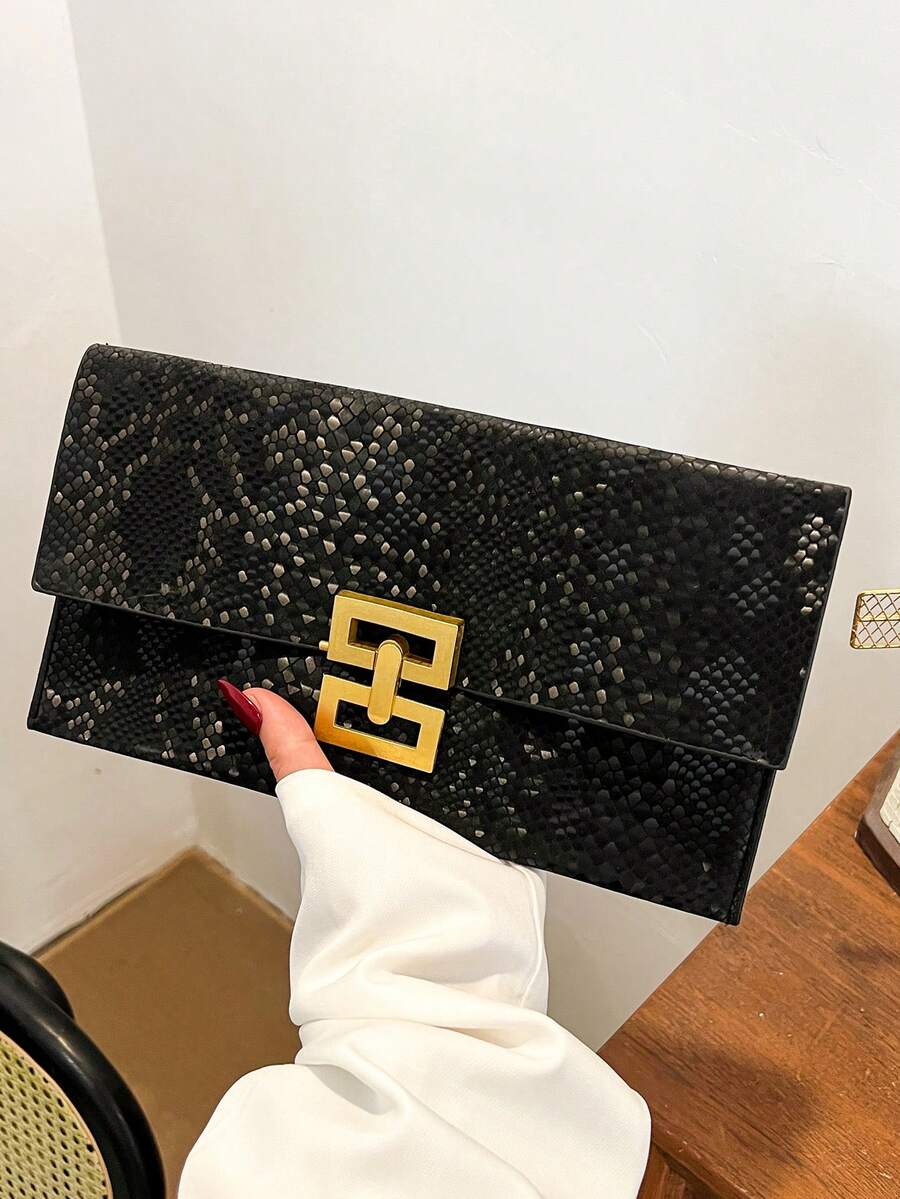 1pc Plain Simple Minimalist Luxury Stone Texture Clutch Bag - Black - View 1