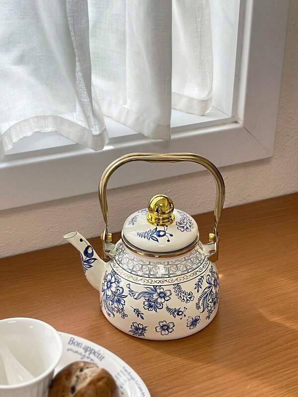 1pc Elegant & Practical Enameled Porcelain Tea/Coffee Pot With Blue And White Floral Pattern, Thick Suitable For Gas/Induction Cooktop Heating, Ideal For Home Use, Gathering, Fireside Tea Brewing, Back To School Supplies
